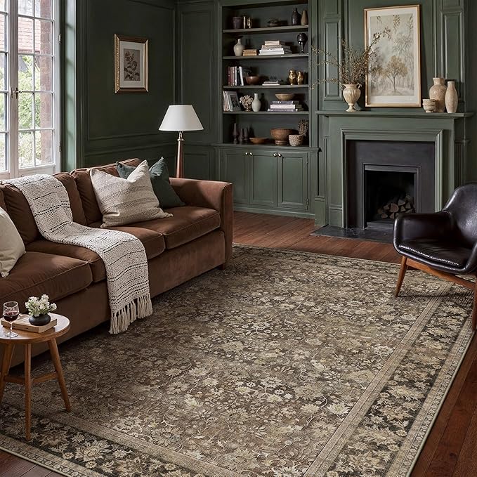HUGEAR 8x10 Machine Washable Rugs Brown Hallway Large Area Rug Indoor Accent Rug Floral Mid Pile Carpet Soft Soft Thicker Aesthetic Rug Bedroom Living Room Office Dining Kitchen Laundry