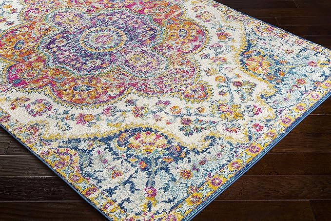 Livabliss Area Rugs - 5x7 Romaine Vintage Boho Fuchsia Mustard Blue Area Rug for Living Room Bedroom - Floral Medallion Stain Resistant Carpet for Kitchen, Nursery, Office (5'3" x 7'6")