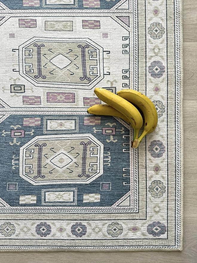 Fame Living Faded Oushak Rug, Turkish Vintage Floral Pastel Large Oversized Area Rugs for Living Room Dining Bedroom Kitchen Bathroom Nursery (848CrNv, 5' x 6'9")