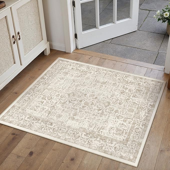 Light Brown Entryway Area Rug 2x3 Door Mat Machine Washable Kitchen Vintage Distressed Non Slip Carpet Indoor Retro Floral Accent Throw Small Rug for Bathroom Office Bedroom Dining Room