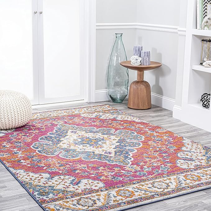 JONATHAN Y Boho Vintage Fuchsia/White Indoor Area Rug, 4x6, Bohemian Flair Medallion, Floral Easy-Cleaning High Traffic for Living Room, Bedroom, Kitchen, Pet-Friendly, Non-Shedding (BMF106C-4)