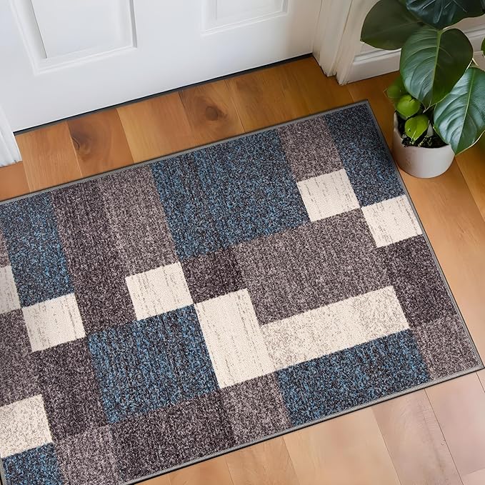 Rugshop Contemporary Blue Geometric Boxes Non-Slip Area Rug Non-Shedding for Living Room, Dining Room and Office, 20" x 30"