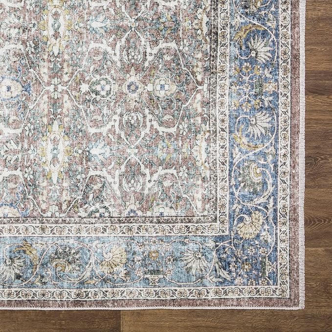 Bloom Rugs Caria Washable Non-Slip 9x12 Rug - Blue/Red Brown Traditional Area Rug for Living Room, Bedroom, Dining Room, and Kitchen - Exact Size: 9' x 12'