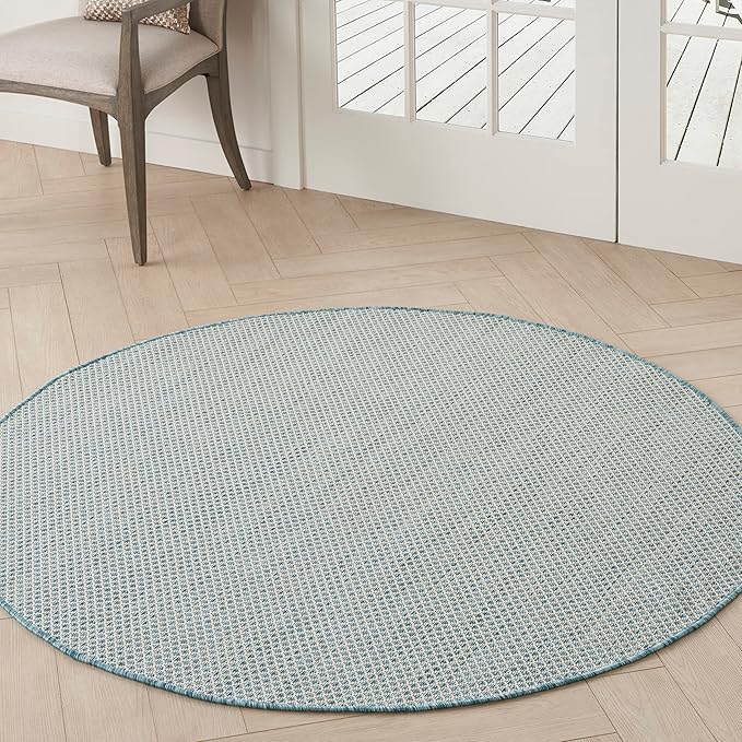Nourison Home Courtyard Ivory Aqua 5' x Round Area Rug - Easy Clean, Non Shedding, Bed Room, Living Room, Dining Room, Kitchen (5' x Round)
