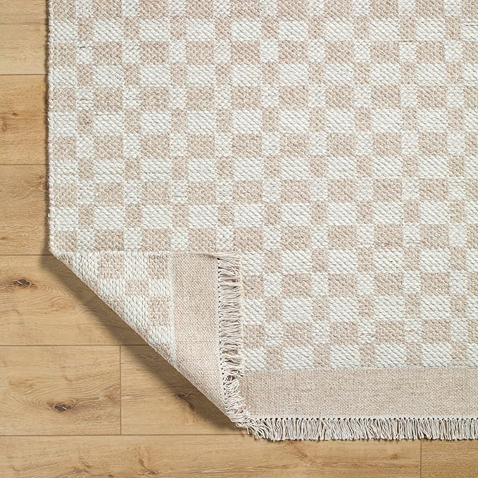 Mark&Day Wool Rugs, 2x3 Clinten Solid and Border Tan Checkered Rug, Tan Ivory Carpet for Living Room, Bedroom or Kitchen (2' x 3')