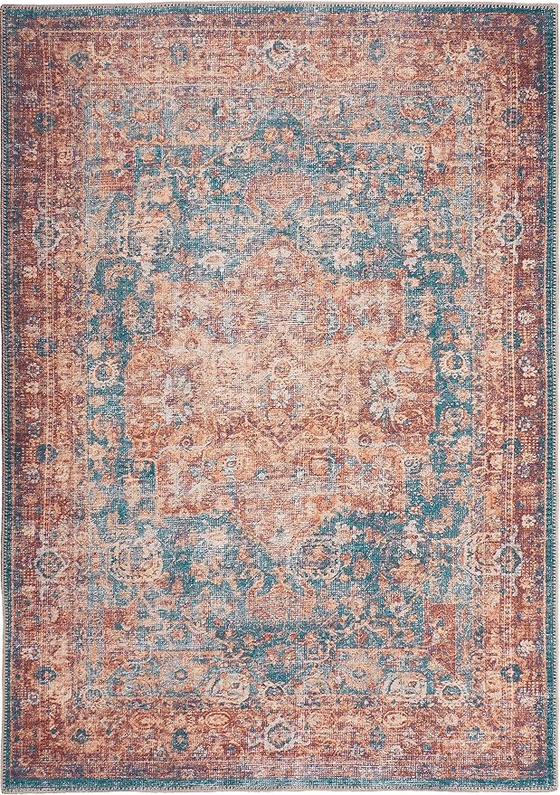 GLN Rugs Traditional Collection - Machine Washable Area Rug, Traditional Washable, Non Slip, Low Pile Chenille Rug, Living Room, Bedroom, Kitchen Rug (8' x 10' Terra/Green)