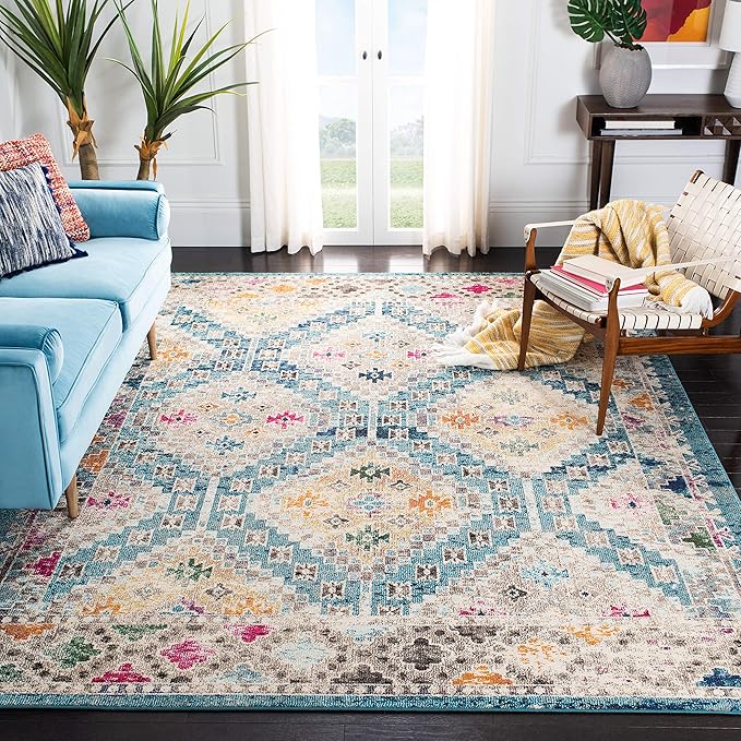 SAFAVIEH Madison Collection Area Rug - 6'7" Square, Dark Blue & Yellow, Boho Diamond Distressed Design, Non-Shedding & Easy Care, Ideal for High Traffic Areas in Living Room, Bedroom (MAD418N)