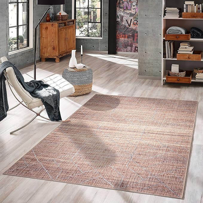 GLN Rugs Contemporary Collection - Machine Washable Area Rug, Contemporary Washable, Non Slip, Low Pile Chenille Rug, Living Room, Bedroom, Kitchen Rug (4' x 6' Terra/Brown)