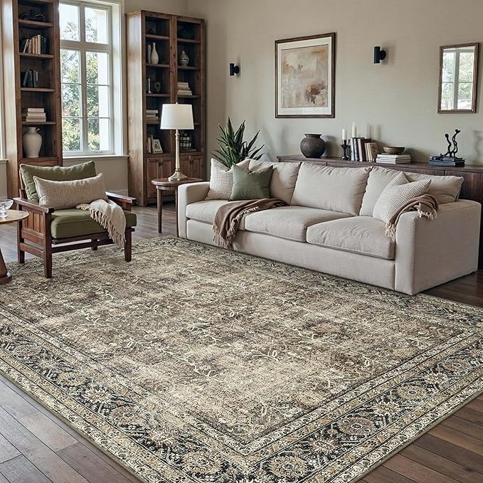 Vintage Area Rug 5x8 Brown Washable Living Room Large Carpet Non Slip Bedroom Indoor Office Low Pile Traditional Distressed Retro Accent Rug for Dining Room Bathroom Kitchen