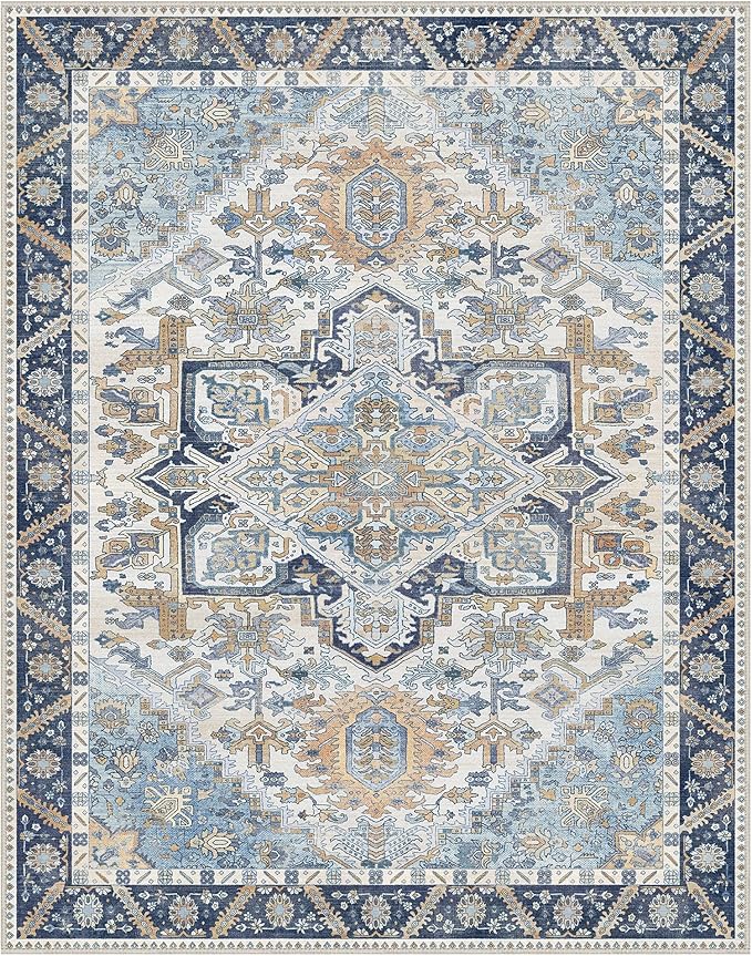 8x10 Area Rug Machine Washable Boho Rug for Living Room,Ultra-Thin Low Pile Carpet,Lightweight Indoor Printed Rug,Non Slip Floral Area Rug for Bedroom, Dining Room, Home Office,Blue