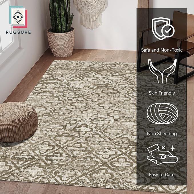 RUGSURE Washable Area Rugs, 8' x 10' - 1/6 Thick - Stain & Water Resistant Non-Slip - Perfect Resistant Rug for Living Room, Bedroom, Nursery, Pet & Child Friendly, Vibrant Colors Rugs, Brown