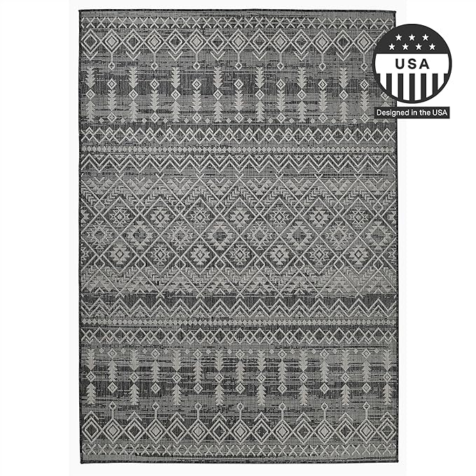 FH Home Flat Woven Outdoor Rug - Waterproof, Easy to Clean, Stain Resistant - Premium Polypropylene Yarn - Boho Moroccan - Patio, Porch, Deck, Balcony - Dakar - Charcoal - 5ft 2in x 7ft 6in
