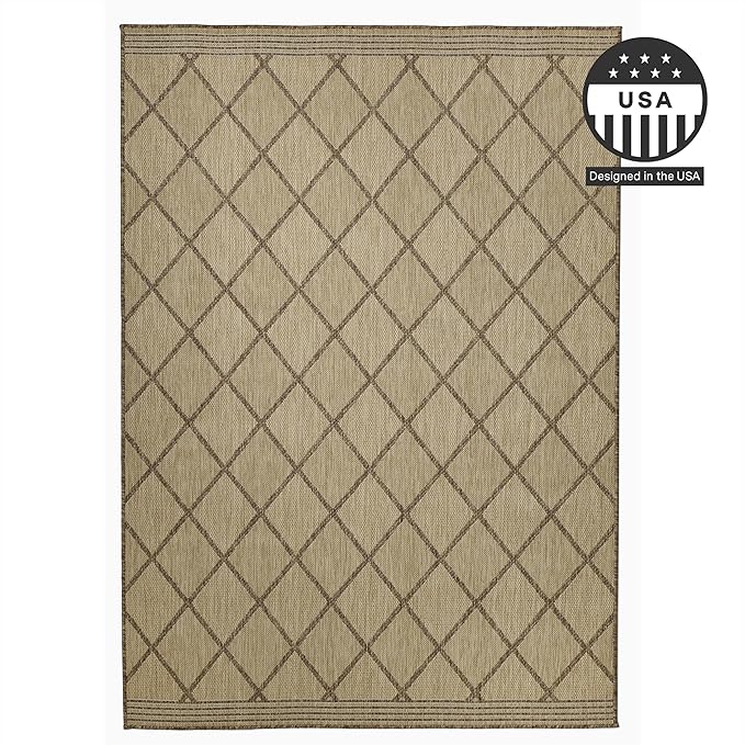 FH Home Flat Woven Outdoor Rug - Waterproof, Easy to Clean, Stain Resistant - Premium Polypropylene Yarn - Moroccan Geo Lattice - Patio,Deck,Porch,Balcony,Laundry - Tunis - Sand - 3ft 11 in x 5ft 6in