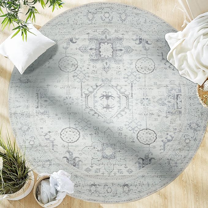 GLN Rugs Traditional Collection - Machine Washable Area Rug, Traditional Washable, Non Slip, Low Pile Chenille Rug, Living Room, Bedroom, Kitchen Rug (5'3" Round Cream/Gray/Sea Salt)