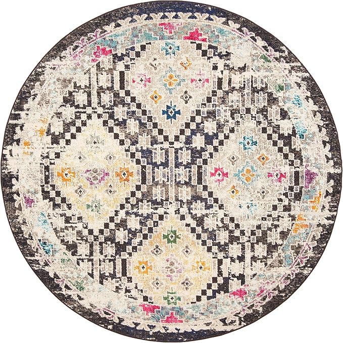SAFAVIEH Madison Collection 3' Round Black / Yellow MAD418Z Boho Diamond Distressed Non-Shedding Dining Room Entryway Foyer Living Room Bedroom Area Rug