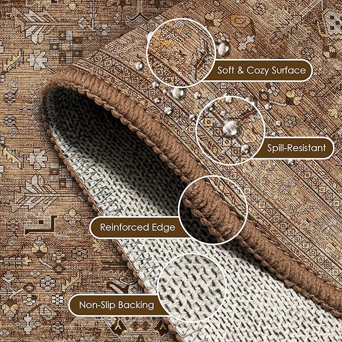 Washable Area Rug 8' x 10' Vintage Traditional Persian Mat - Foldable Distressed Non-Slip Machine Washable Carpet for Living Room Bedroom Kitchen Home Decor - Bronze and Ivory