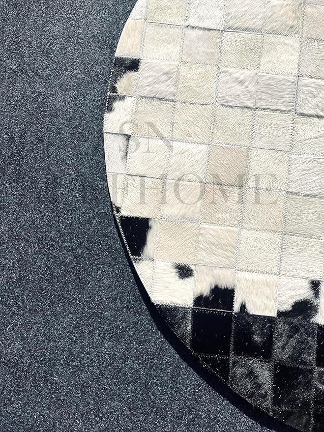 Round Geometric Patchwork Cowhide Leather Area Rug | Washable Non-Slip Carpet for Living Room, Bedroom & Home Décor(8x8 ft_White & Black)