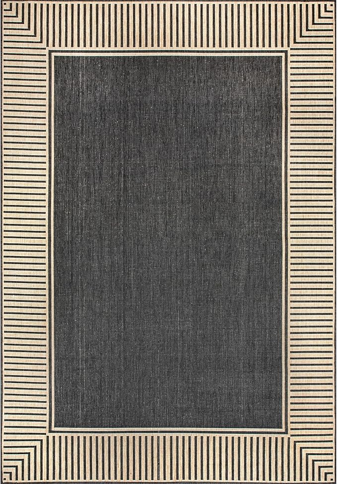 Nuloom Asha Dark Grey/Ivory, 6'7" x 9', Casual, Striped Border, Soft and Cozy, High Traffic, Stain Resistant, Easy Clean, Durable Area Rug for Indoor/Outdoor Patio, Deck, Porch, Garden, Courtyard