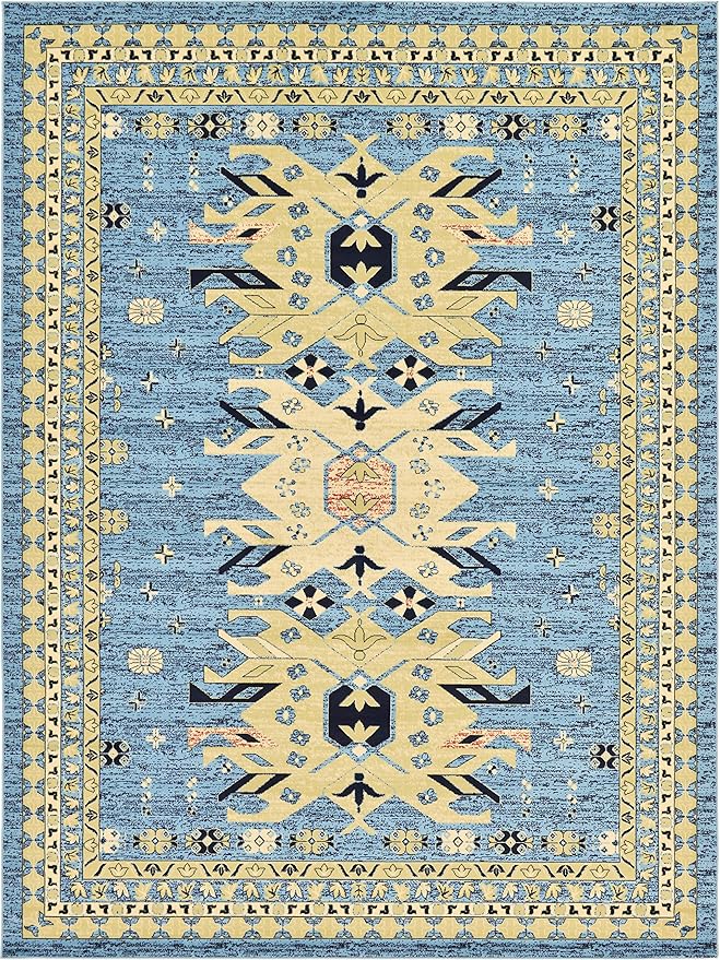 Unique Loom Taftan Collection Border Geometric Tribal Inspired Design Area Rug (9' 10 x 13' 0 Rectangular, Light Blue/ Gold)