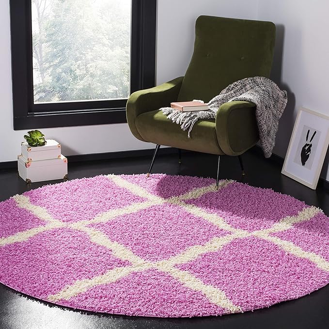 SAFAVIEH Dallas Shag Collection Area Rug - 6' Round, Pink & Ivory, Trellis Design, Non-Shedding & Easy Care, 1.5-inch Thick Ideal for High Traffic Areas in Living Room, Bedroom (SGD257I)