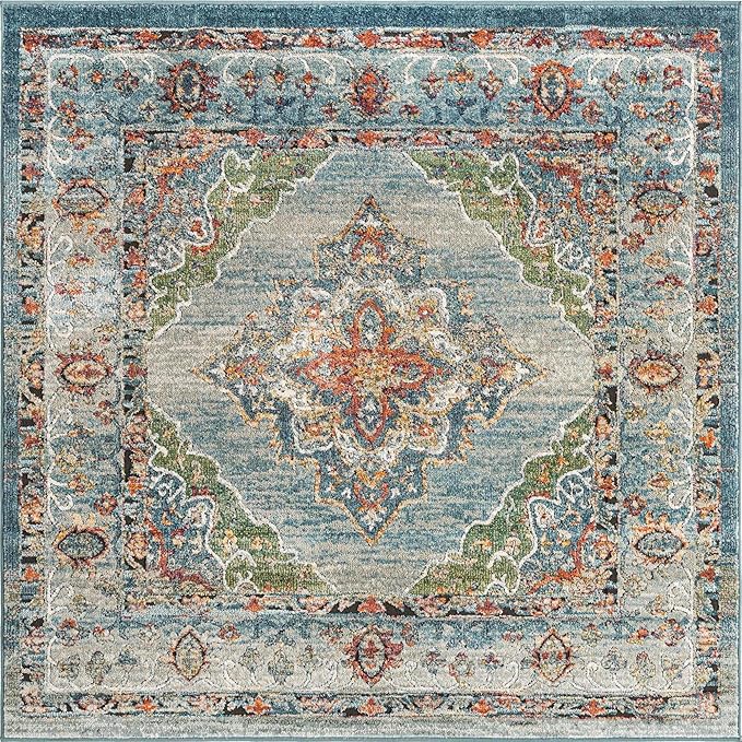 Unique Loom Isabella Collection Area Rug - Rossellini (5' 4" Square, Blue/ Beige)