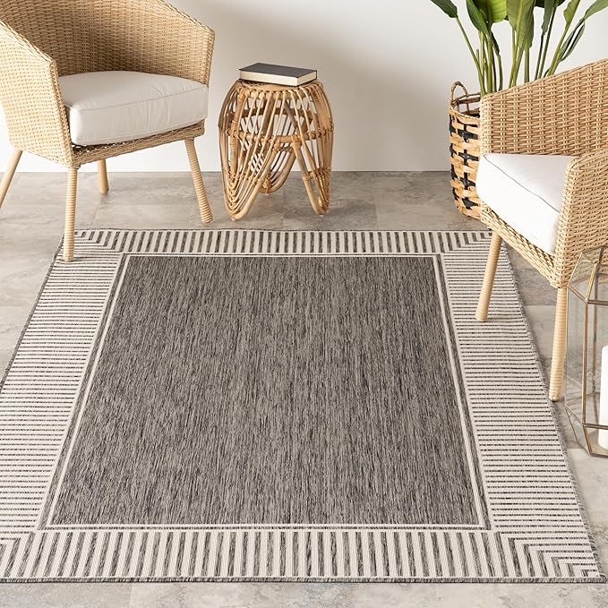 Nuloom Asha Grey/Ivory, 9'6" x 12', Casual, Striped Border, Soft and Cozy, High Traffic, Stain Resistant, Easy Clean, Durable Area Rug for Indoor/Outdoor Patio, Deck, Porch, Garden, Courtyard