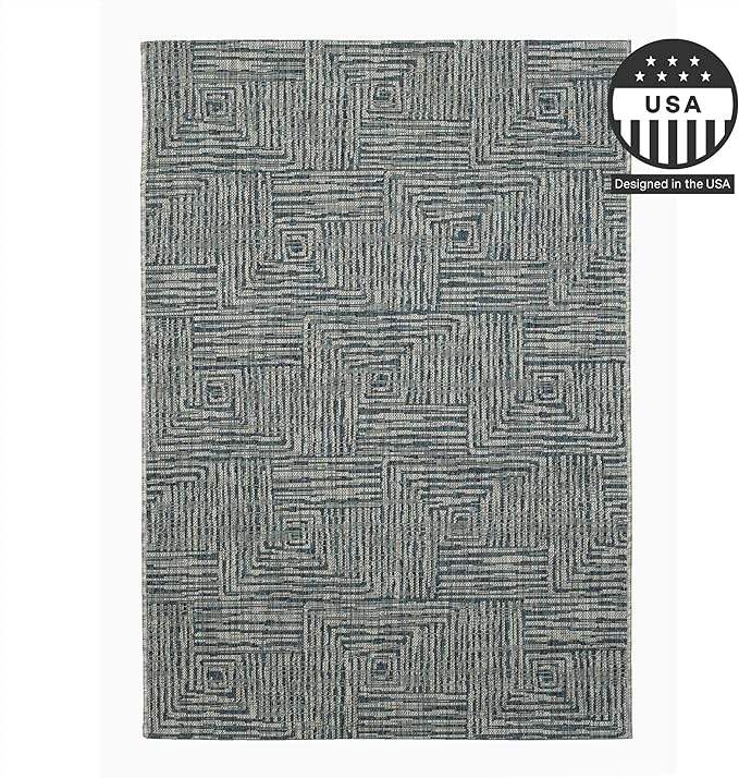 FH Home Outdoor Rug - Waterproof Easy to Clean Stain Resistant - Patio Indoor Outdoor Porch Deck Balcony Entryway - Geometric Modern - Budapest - Aqua - 7ft 8in x 9ft 8in