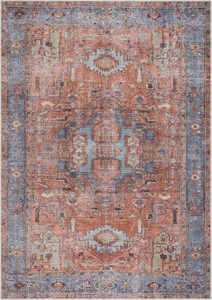 Bloom Rugs Washable 5' x 7' Rug - Terracotta/Blue Traditional Area Rug for Living Room, Bedroom, Dining Room, and Kitchen - Exact Size: 5' x 7'