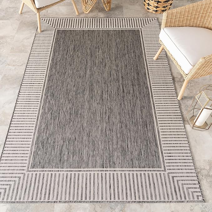 Nuloom Asha Grey/Ivory, 6'7" x 9', Casual, Striped Border, Soft and Cozy, High Traffic, Stain Resistant, Easy Clean, Durable Area Rug for Indoor/Outdoor Patio, Deck, Porch, Garden, Courtyard