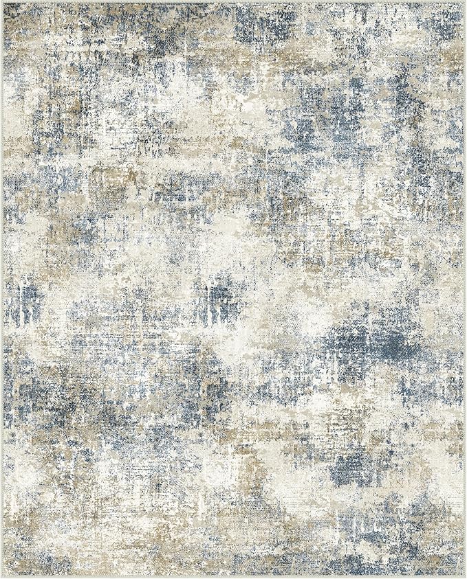 Bavni 8x10 Area Rugs Machine Washable Rug for Living Room, Modern Printed Rug Indoor Soft Area Rug for Bedroom Dining Room, Ultra-Thin Low Pile Carpet with Non Slip Rubber Backing, Gray Beige Blue