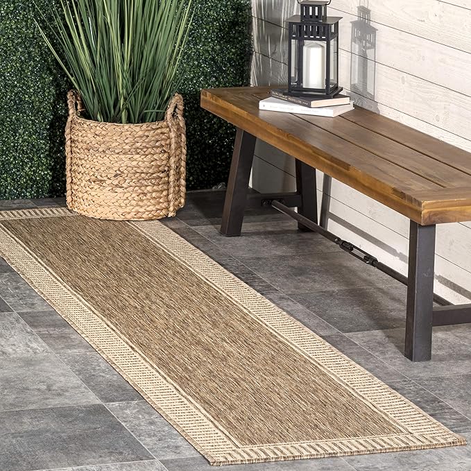 Nuloom Asha Light Brown/Ivory, 6'7" x 9', Casual, Striped Border, Soft and Cozy, High Traffic, Stain Resistant, Easy Clean, Durable Area Rug for Indoor/Outdoor Patio, Deck, Porch, Garden, Courtyard