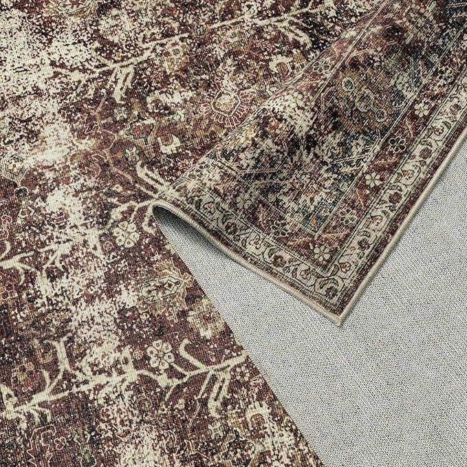 Vintage Area Rug 8x10 Rust Red Washable Living Room Large Carpet Non Slip Bedroom Indoor Office Low Pile Traditional Distressed Retro Accent Rug for Dining Room