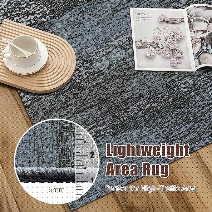RUGSURE Washable Area Rug - 1/6 Thick - Stain & Water Resistant Non-Slip - Resistant Rug for Living Room, Bedroom, Nursery, Pet & Child Friendly, Vintage Charm Area Rugs (Darkgrey+Bule, 2'6'' x 8')