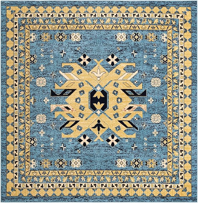 Unique Loom Taftan Collection Border Geometric Tribal Inspired Design Area Rug, 8 ft, Light Blue/Gold