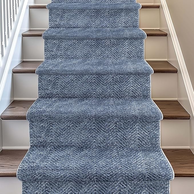 Well Woven Custom Size Hallway & Stair Runner- Harlow Pompeii Blue 27 Inches Wide x 55 Feet Long Runner (27" x 55') Runner Rug - Modern Chevron Pattern, Ultra-Soft, Easy-Clean