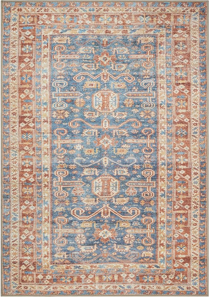 GLN Rugs Traditional Collection - Machine Washable Area Rug, Traditional Washable, Non Slip, Low Pile Chenille Rug, Living Room, Bedroom, Kitchen Rug (3' x 5' Terra/Slate Blue)