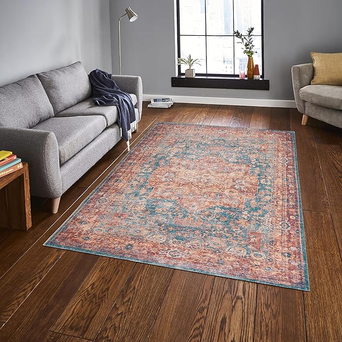 GLN Rugs Traditional Collection - Machine Washable Area Rug, Traditional Washable, Non Slip, Low Pile Chenille Rug, Living Room, Bedroom, Kitchen Rug (8' x 10' Terra/Green)