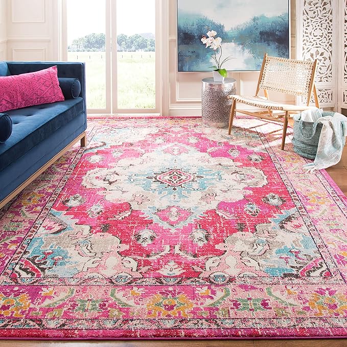 SAFAVIEH Monaco Collection X-Large Area Rug - 12' x 18', Pink & Multi, Boho Chic Medallion Distressed Design, Non-Shedding & Easy Care, Ideal for High Traffic Areas in Living Room, Bedroom (MNC243D)