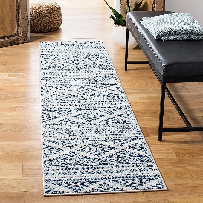 SAFAVIEH Tulum Collection Runner Rug - 2' x 15', Ivory & Navy, Moroccan Boho Tribal Design, Non-Shedding & Easy to Clean, Ideal for Living Room, Hallway, Foyer, Bedroom (TUL272D)