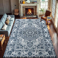 YJ.GWL Area Rugs for Living Room 6x9 Machine Washable Rugs, Non Slip Floral Vintage Rug Indoor Carpet, Stain Resistant Large Rug for Bedroom Dining Room, Navy Blue