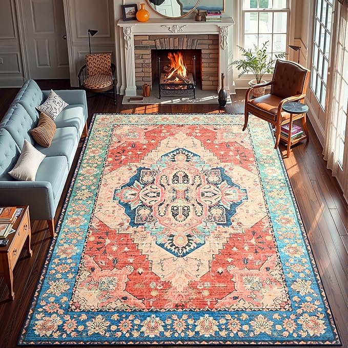 YJ.GWL Area Rugs for Living Room 6x9 Machine Washable Rugs, Non Slip Floral Vintage Rug Indoor Carpet, Stain Resistant Large Rug for Bedroom Dining Room, Red Blue Gradient Color