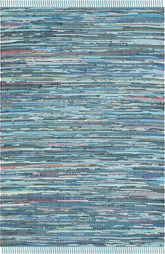 SAFAVIEH Rag Rug Collection Accent Rug - 4' x 6', Blue & Multi, Handmade Boho Stripe Cotton, Ideal for High Traffic Areas in Entryway, Living Room, Bedroom (RAR121B)