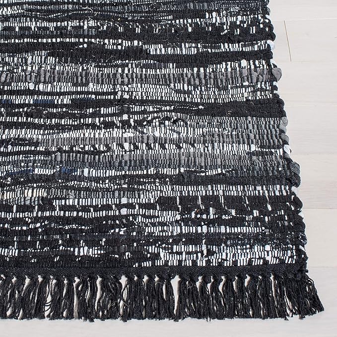 SAFAVIEH Rag Rug Collection Area Rug - 8' x 10', Black, Handmade Boho Stripe Cotton, Ideal for High Traffic Areas in Living Room, Bedroom (RAR121Z)