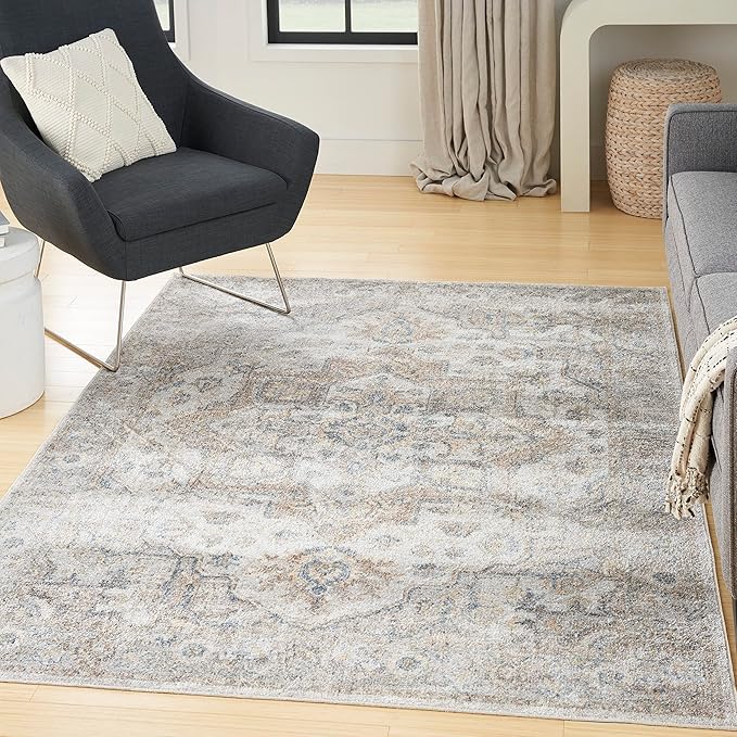 Nourison Home Astra Machine Washable Silver Grey 6'7" x 9' Area Rug - Easy Clean, Non Shedding, Bed Room, Living Room, Dining Room, Kitchen (7' x 9')