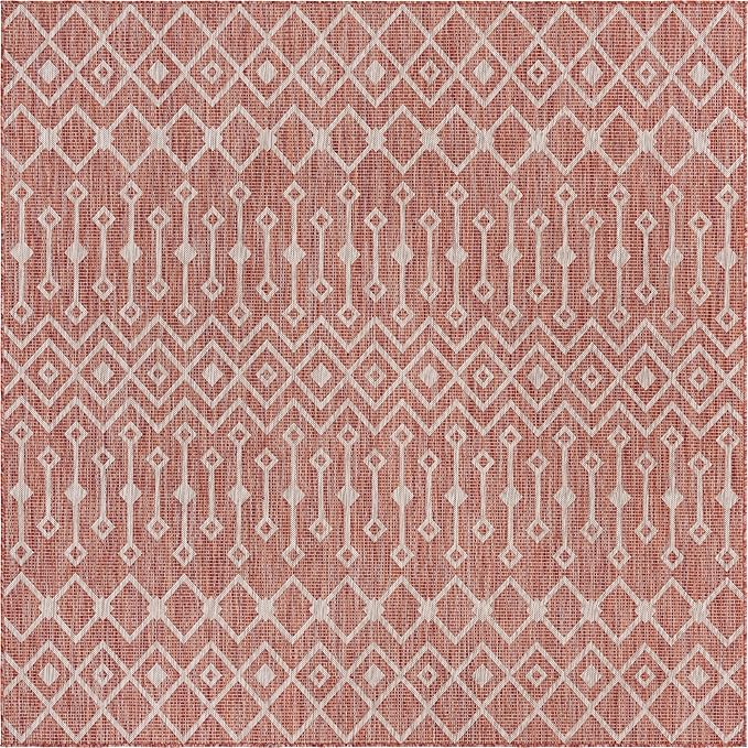 Unique Loom Outdoor Trellis Collection Area Rug - Tribal Trellis (13' Square, Rust Red/ Ivory)