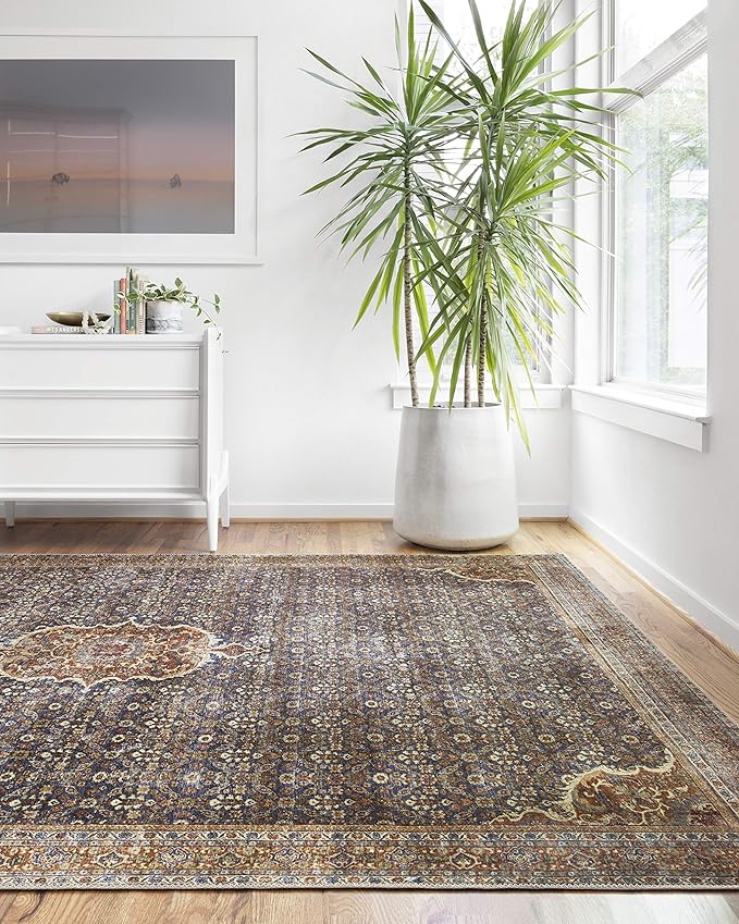 Loloi Layla Collection LAY-09 Cobalt Blue/Spice 2'-3" x 3'-9" .13" Thick Accent Rug, Soft, Durable, Vintage Inspired, Distressed, Low Pile, Non-Shedding, Easy Clean, Printed, Living Room Rug