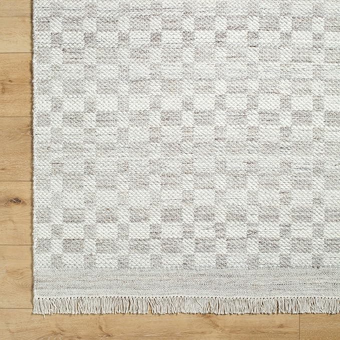 Mark&Day Wool Rugs, 9x12 Clinten Solid and Border Light Gray Checkered Rug, Grey Ivory Carpet for Living Room, Bedroom or Kitchen (8'10" x 12')