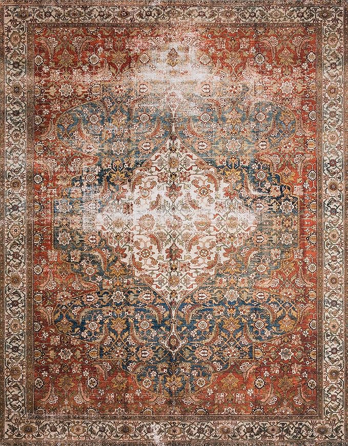 Loloi Layla Collection LAY-05 Ocean/Multi 2'-3" x 3'-9" .13" Thick Accent Rug, Soft, Durable, Vintage Inspired, Distressed, Low Pile, Non-Shedding, Easy Clean, Printed, Living Room Rug