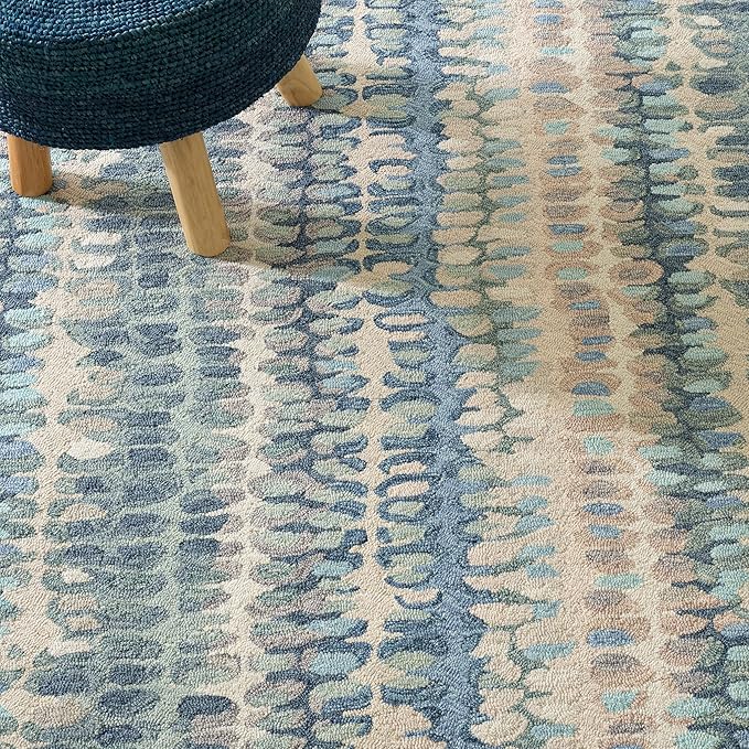Dash & Albert Paint Chip Stone Hand Micro Hooked Wool Rug, 9.5 X 13.5 Feet, Blue/Green Geometric Pattern