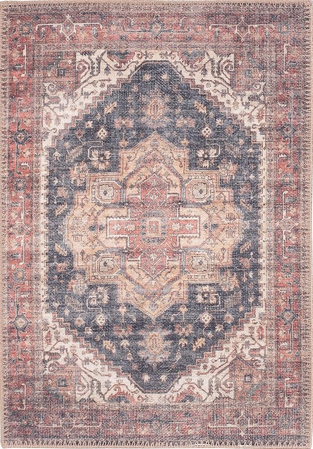 GLN Rugs Traditional Collection - Machine Washable Area Rug, Traditional Washable, Non Slip, Low Pile Chenille Rug, Living Room, Bedroom, Kitchen Rug (2' x 3' Black/Terra)